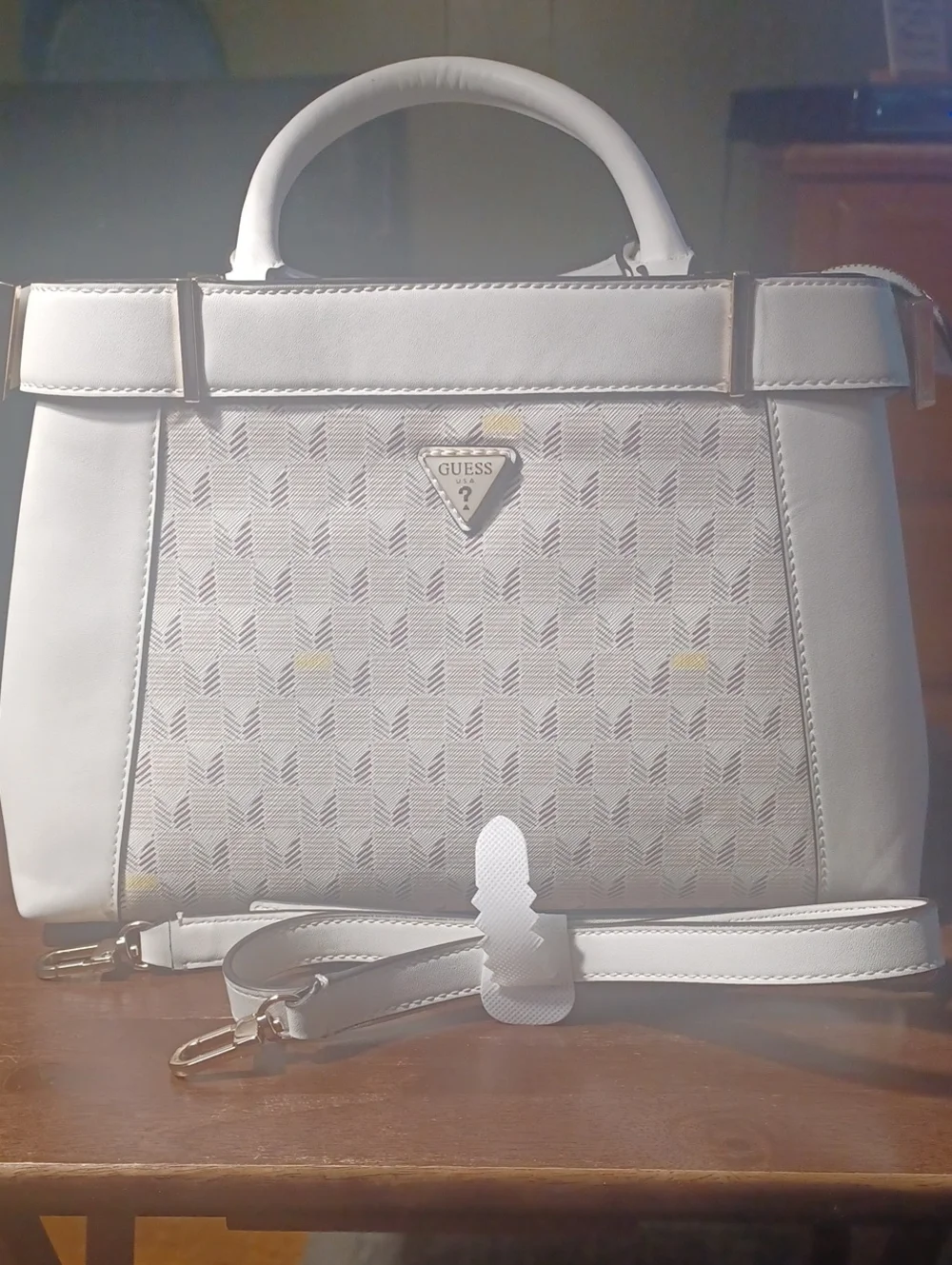 GUESS White Structured Top-Handle Satchel with Detachable Strap
